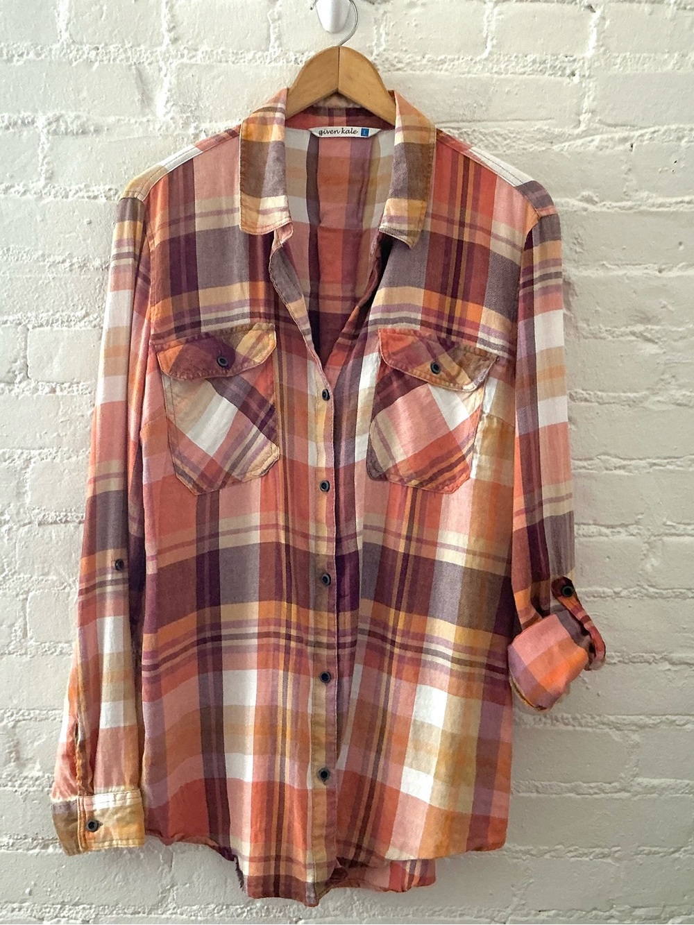 Given Kale Womens Button Up Plaid Tunic Top Roll Tab Sleeve Fall Colors Size L